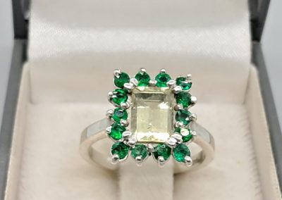 Silver, citrine and emerald ring