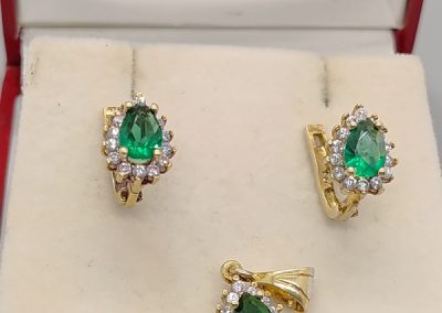 Sterling silver 925, gold gilt and simulated emerald studs and pendant
