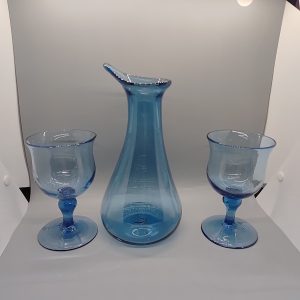 Blue decanter and 2 goblets