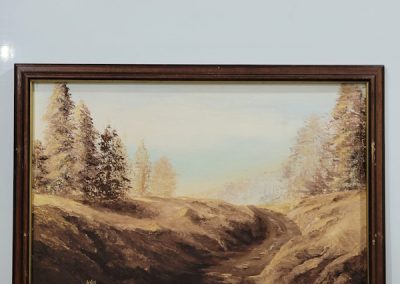 Landscape oil on board dirt path winding through a forest by H Still