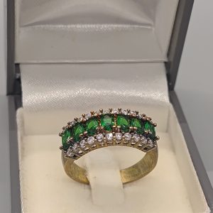 Sterling silver 925, gold gilt, simulated emerald and cubic zirconia ring