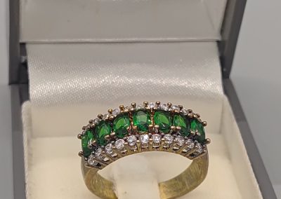 Sterling silver 925, gold gilt, simulated emerald and cubic zirconia ring