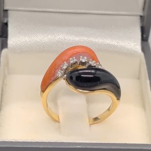 14ct gold, coral, onyx and diamond ring
